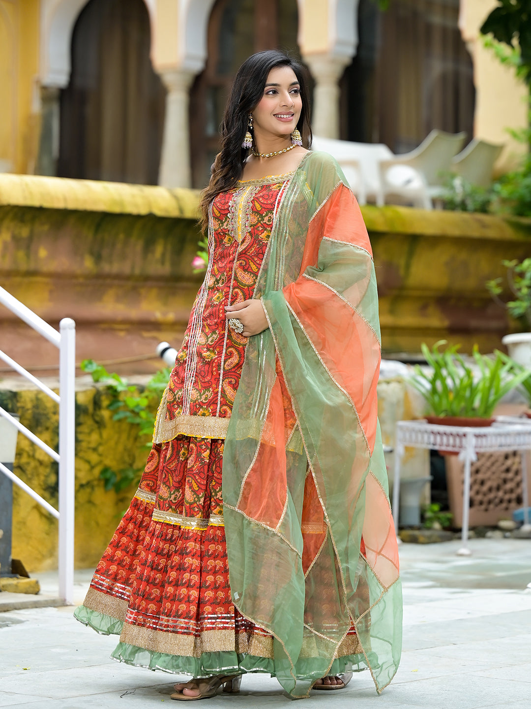 Red Cotton Gota Work Kurta with Tiered Skirt & Dupatta