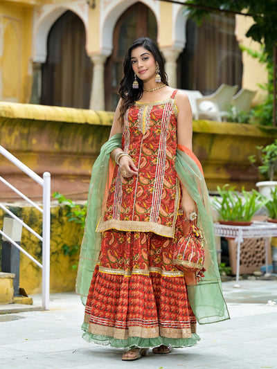 Red Cotton Gota Work Kurta with Tiered Skirt & Dupatta