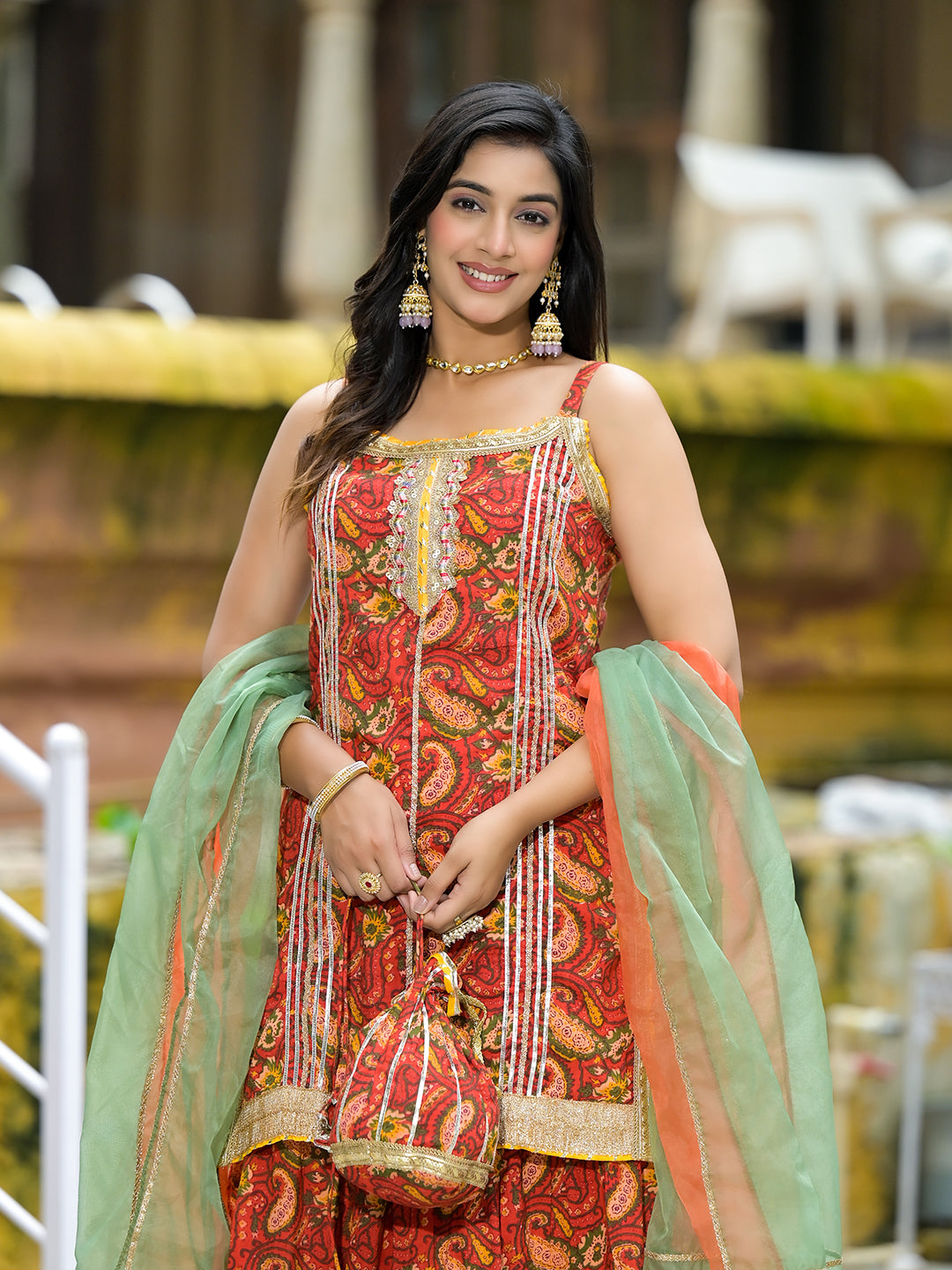 Red Cotton Gota Work Kurta with Tiered Skirt & Dupatta