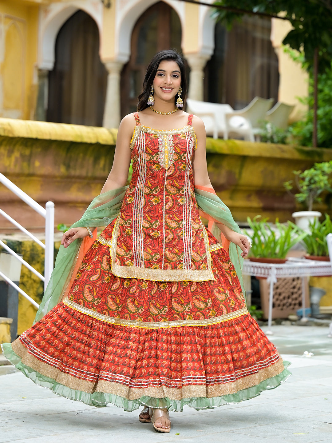 Red Cotton Gota Work Kurta with Tiered Skirt & Dupatta