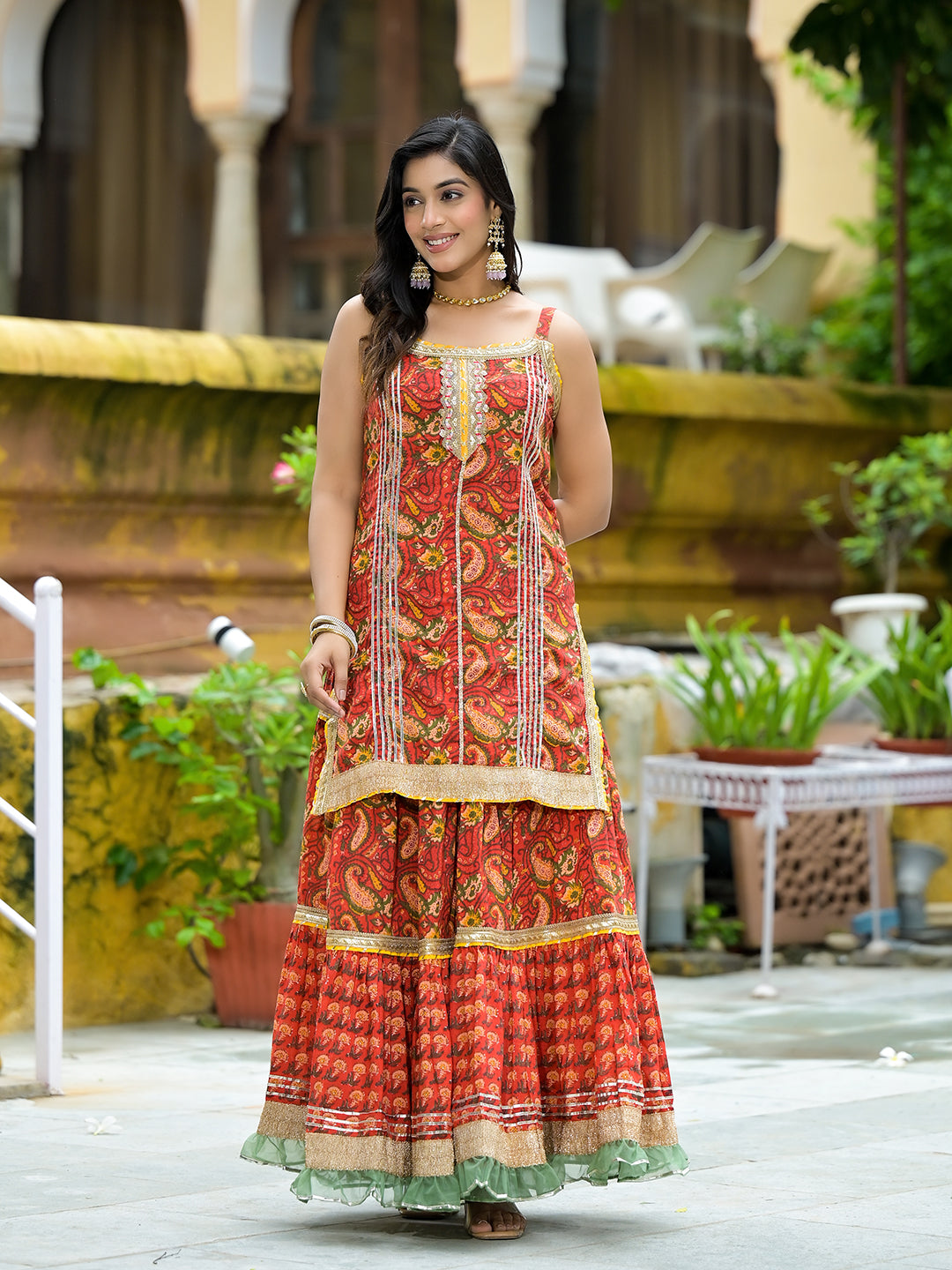 Red Cotton Gota Work Kurta with Tiered Skirt & Dupatta