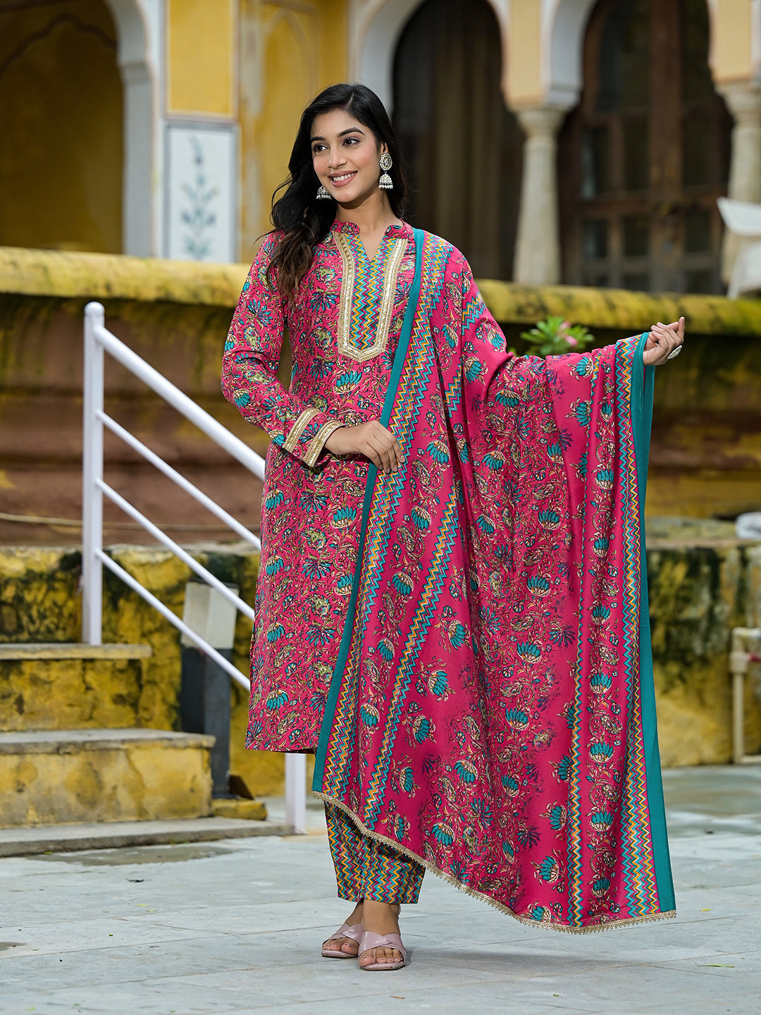 Magenta Silk Gold Foil Printed Suit Set