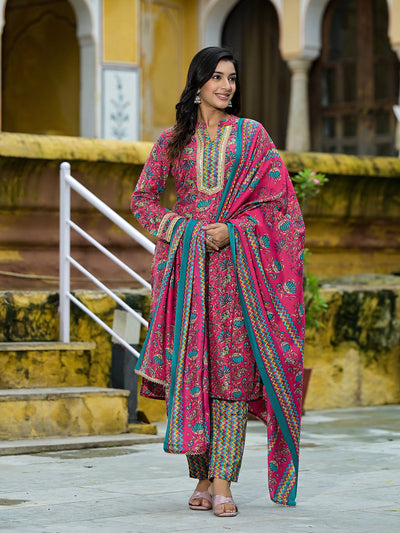 Magenta Silk Gold Foil Printed Suit Set