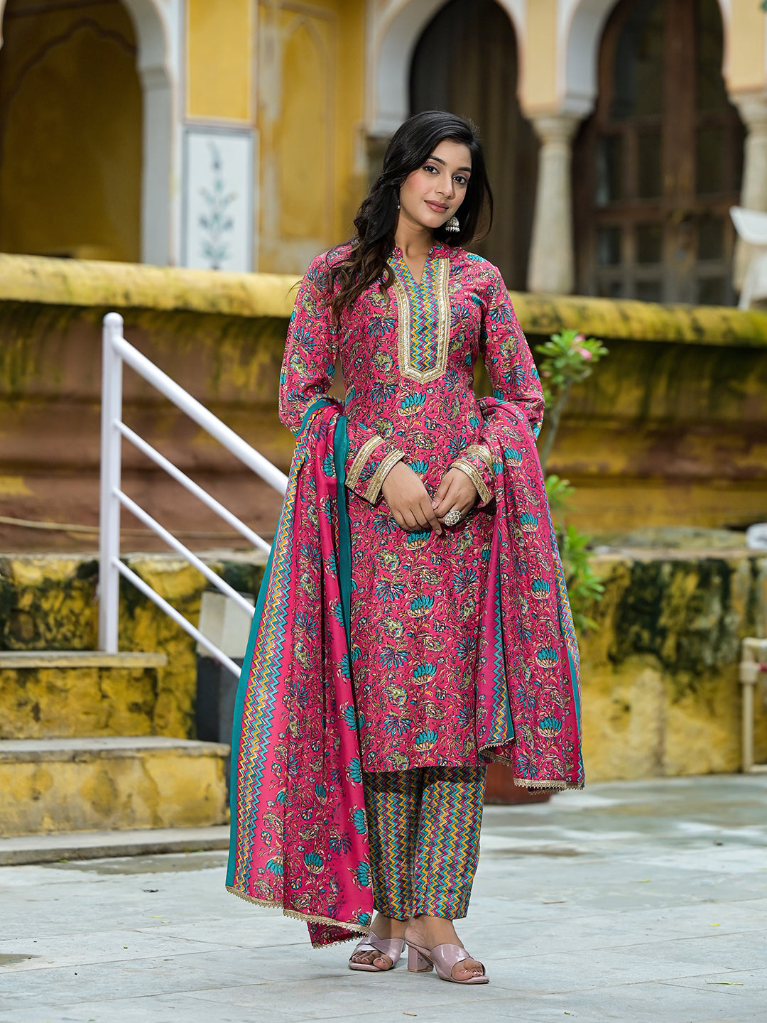 Magenta Silk Gold Foil Printed Suit Set