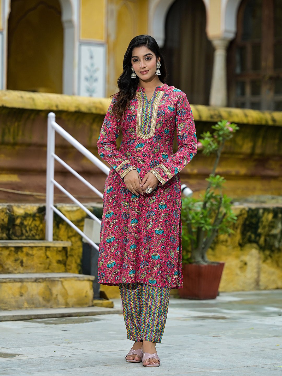 Magenta Silk Gold Foil Printed Suit Set