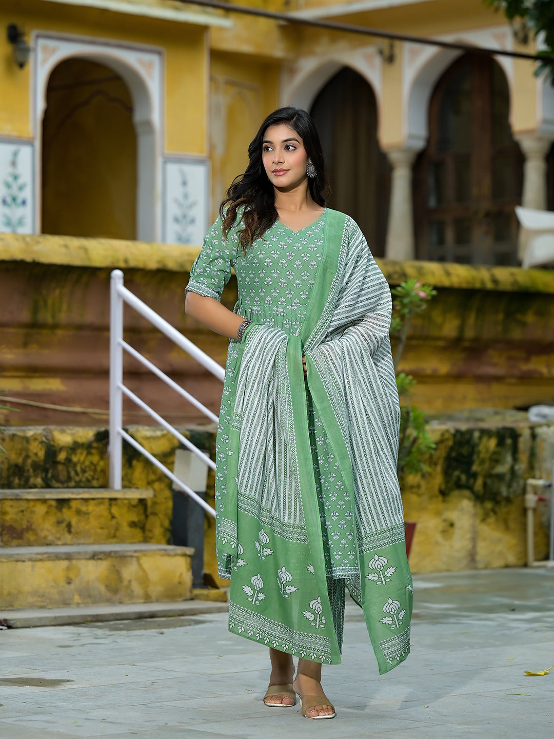 Mint Green A-Line Nyra Kurta pant Suit Set with Dupatta