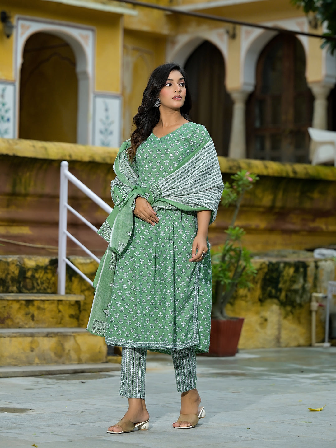 Mint Green A-Line Nyra Kurta pant Suit Set with Dupatta