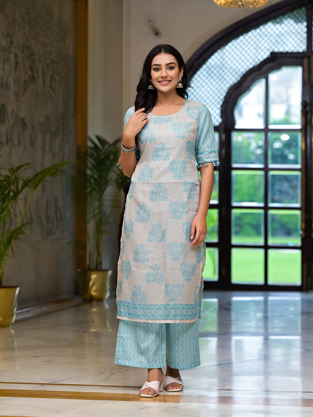 Turqoise Kota Doria layered Kurta Set