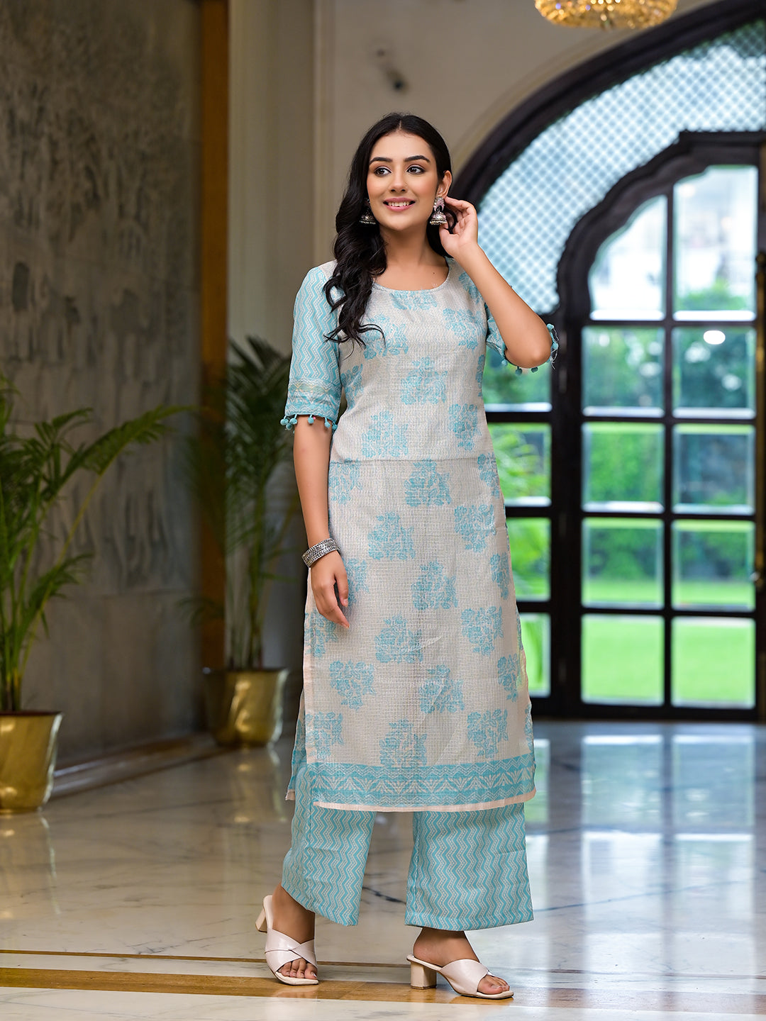 Turqoise Kota Doria layered Kurta Set