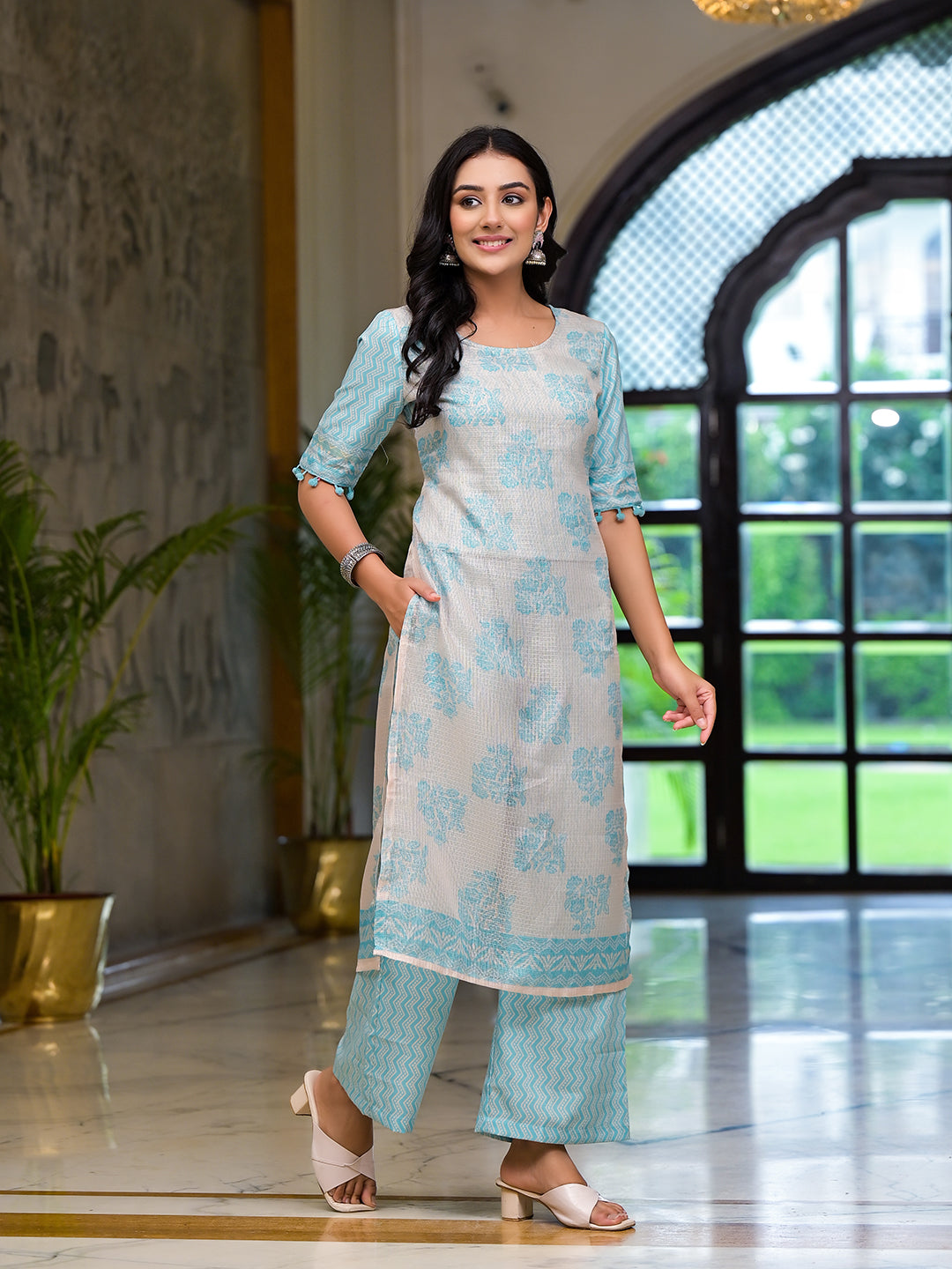 Turqoise Kota Doria layered Kurta Set