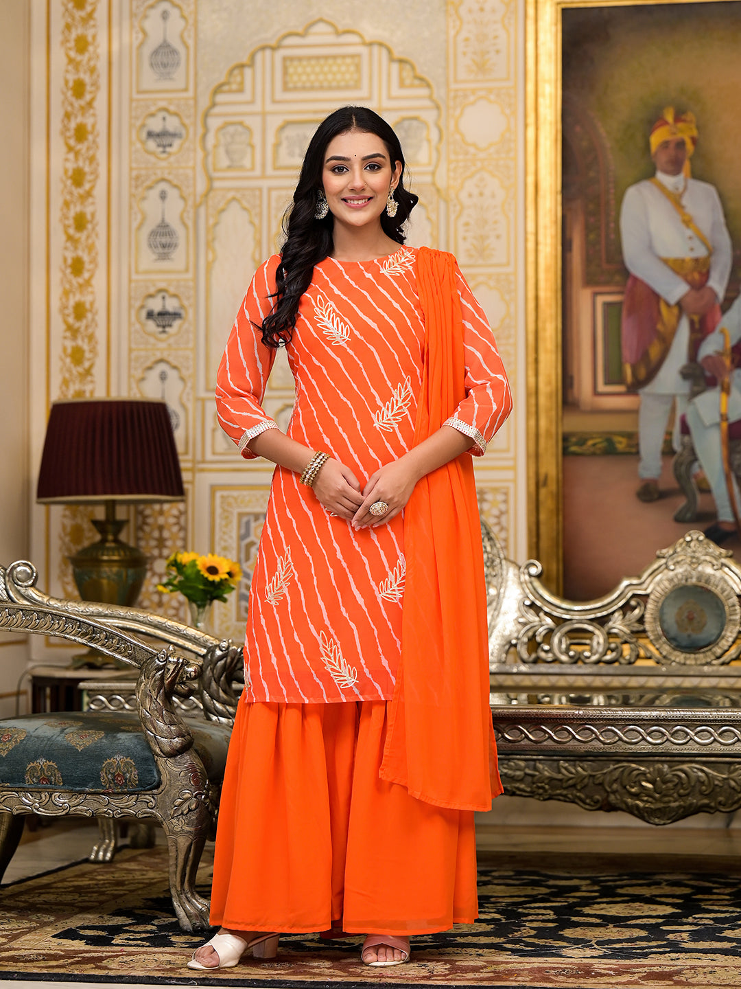 Orange Leheriya Kurta Sharara With Gota Embroidery