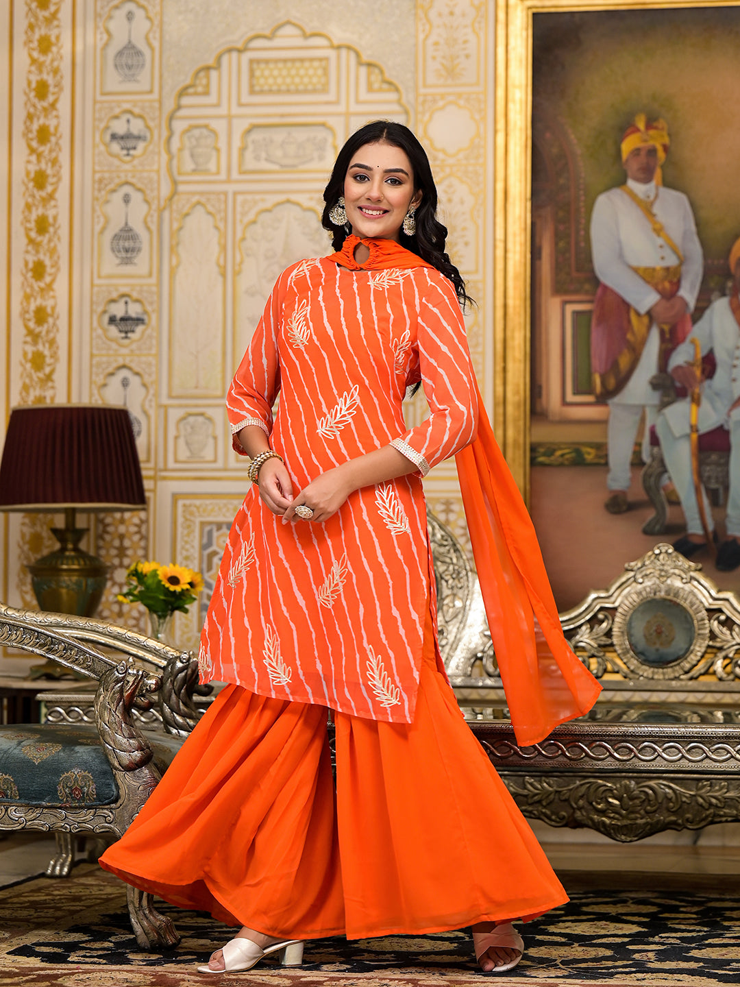 Orange Leheriya Kurta Sharara With Gota Embroidery