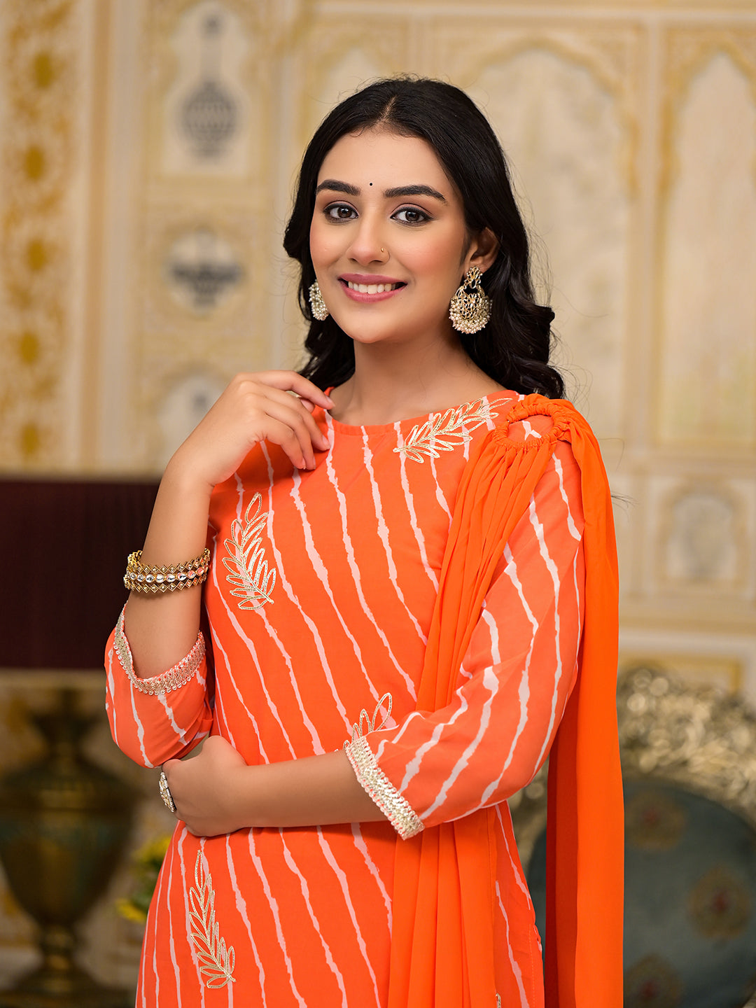 Orange Leheriya Kurta Sharara With Gota Embroidery