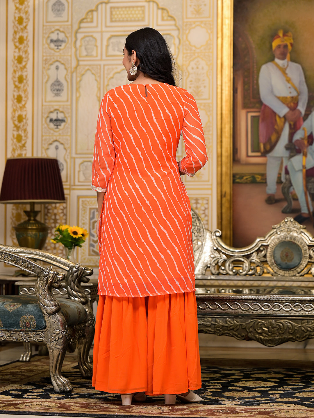 Orange Leheriya Kurta Sharara With Gota Embroidery