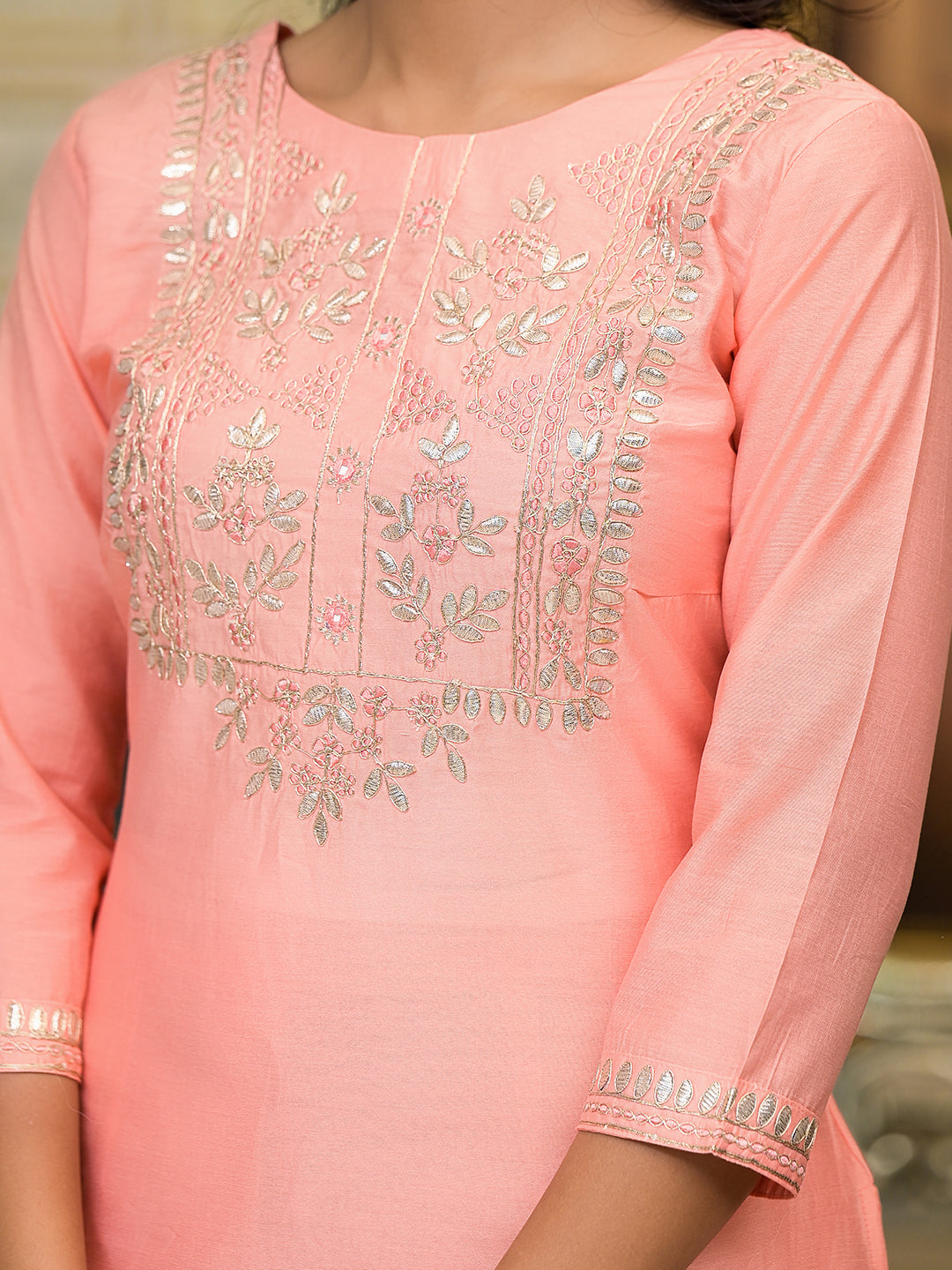 Peach Gota Patti Silk Kurta Set with Dupatta