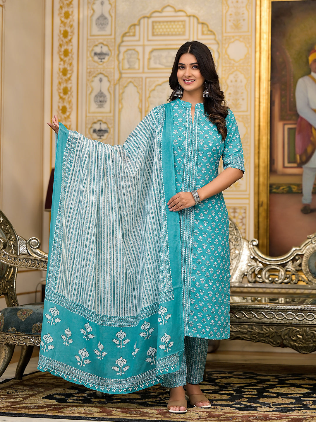 Sky Blue Printed Cotton Kurta Set with Dupatta