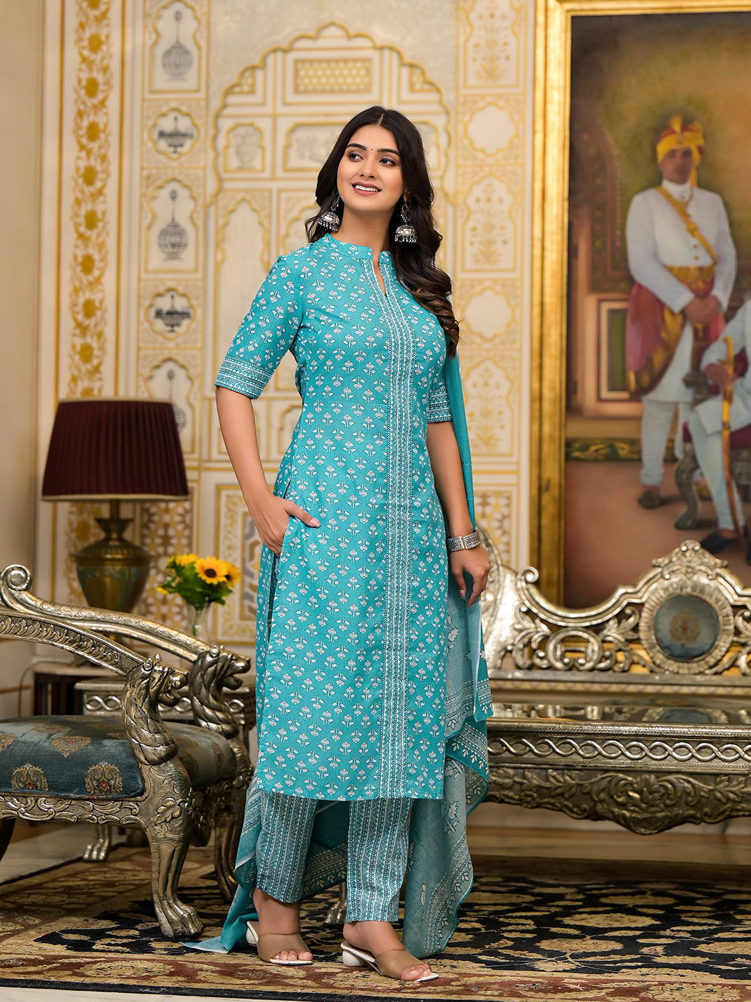 Sky Blue Printed Cotton Kurta Set with Dupatta