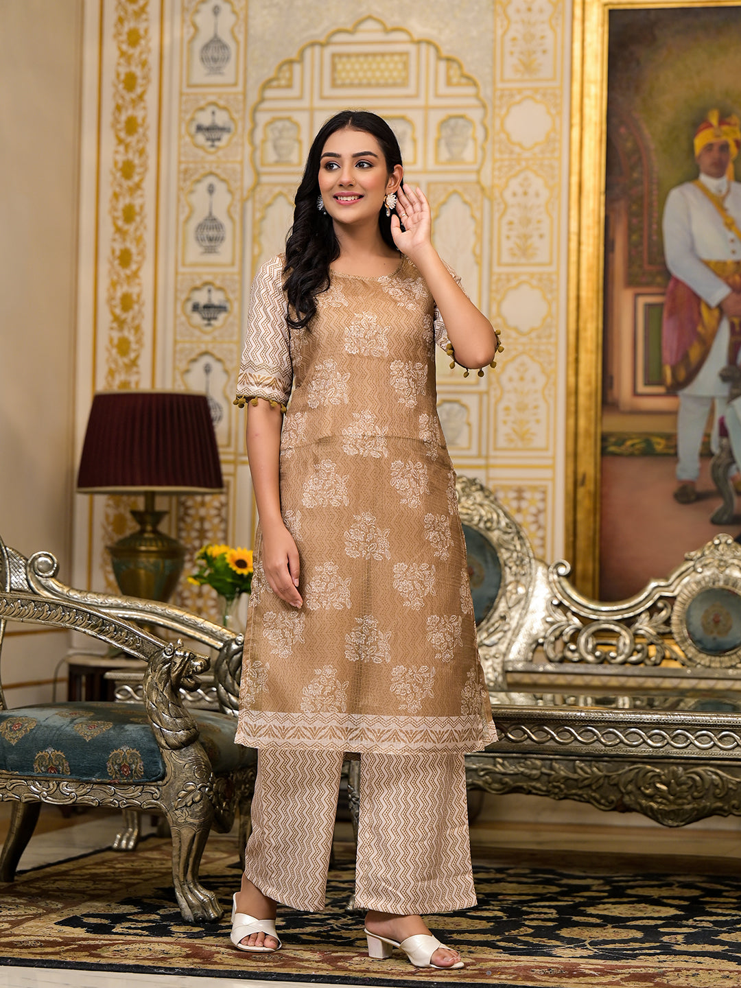 Nude Brown Kota Doria layered Kurta Set