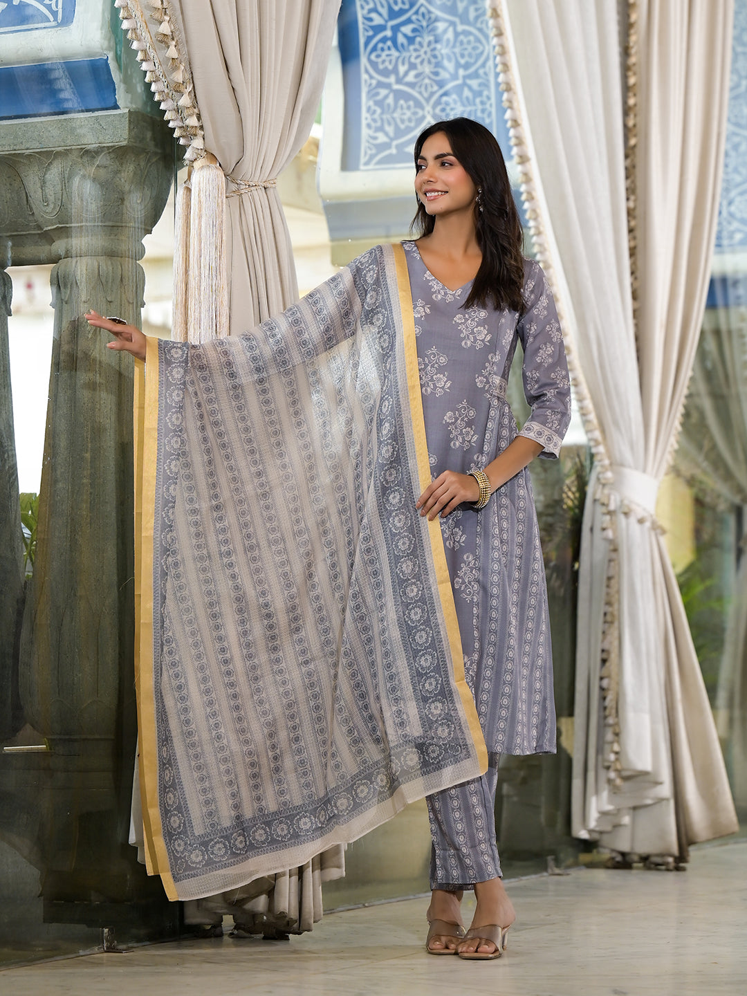 Grey melange Kota Doria A-Line Kurta Set with Dupatta