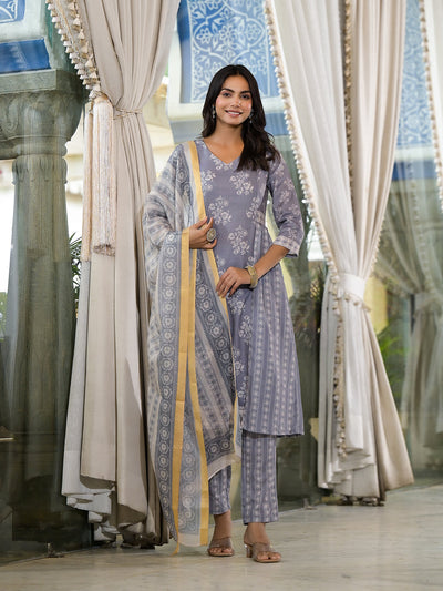 Grey melange Kota Doria A-Line Kurta Set with Dupatta