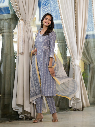 Grey melange Kota Doria A-Line Kurta Set with Dupatta