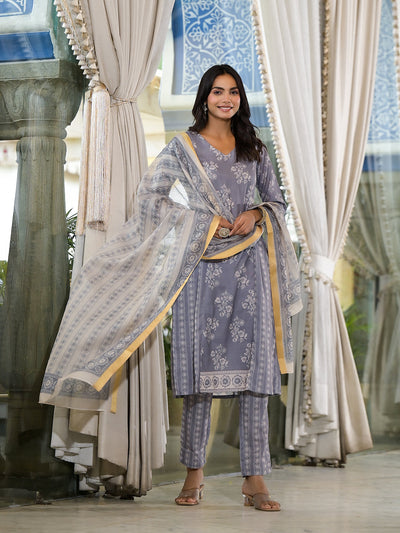 Grey melange Kota Doria A-Line Kurta Set with Dupatta