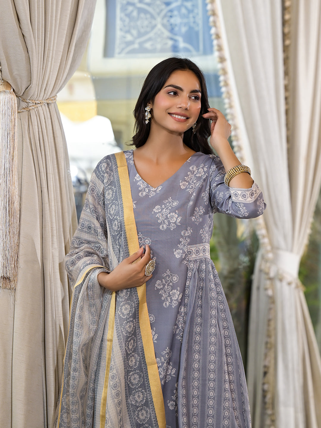 Grey melange Kota Doria A-Line Kurta Set with Dupatta