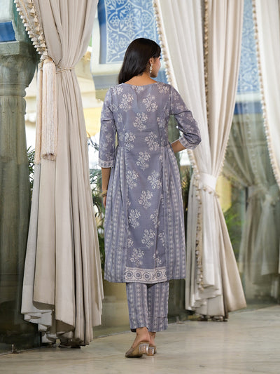 Grey melange Kota Doria A-Line Kurta Set with Dupatta