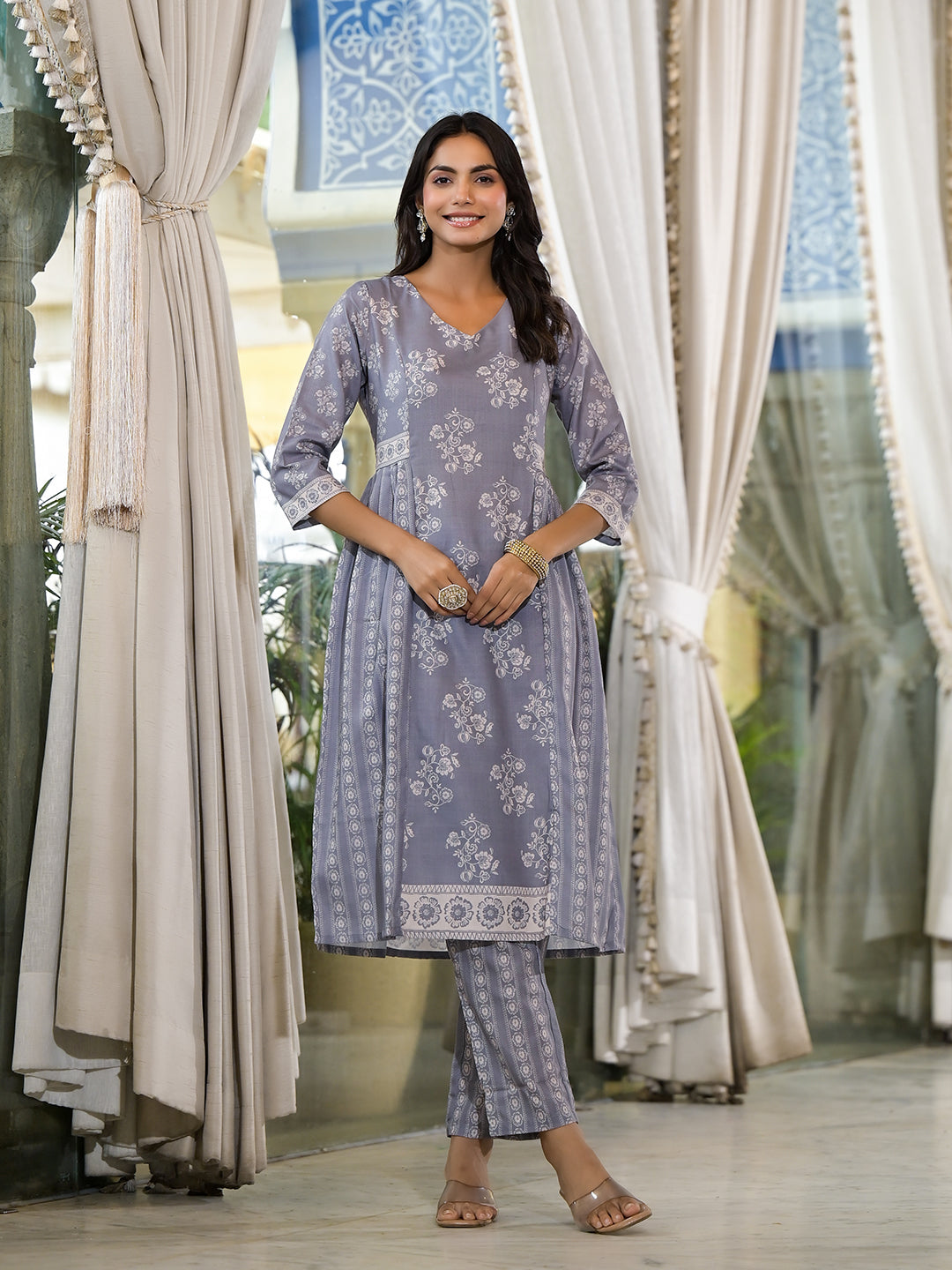 Grey melange Kota Doria A-Line Kurta Set with Dupatta