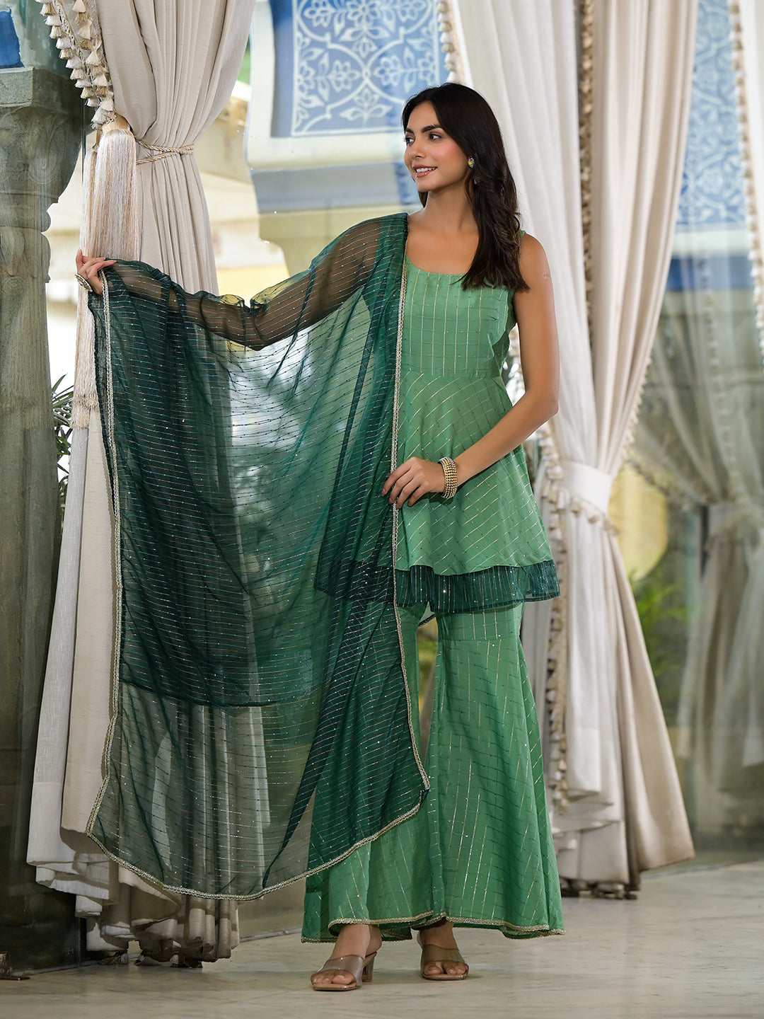 Green Lurex Sharara with A-line Kurta