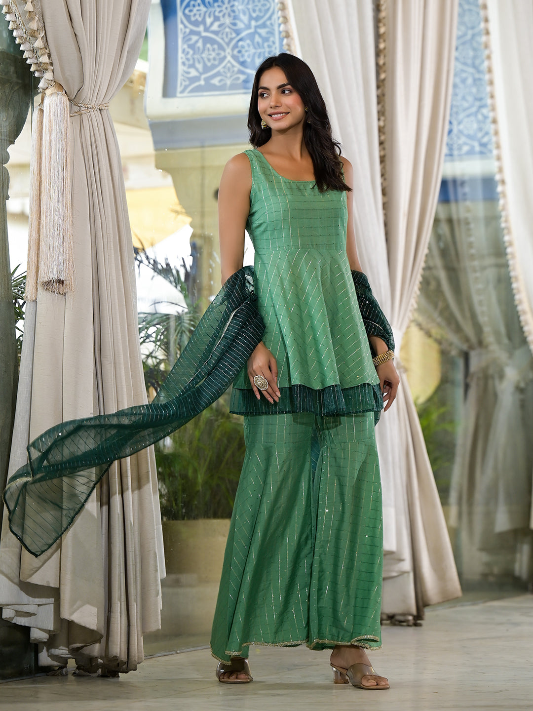 Green Lurex Sharara with A-line Kurta