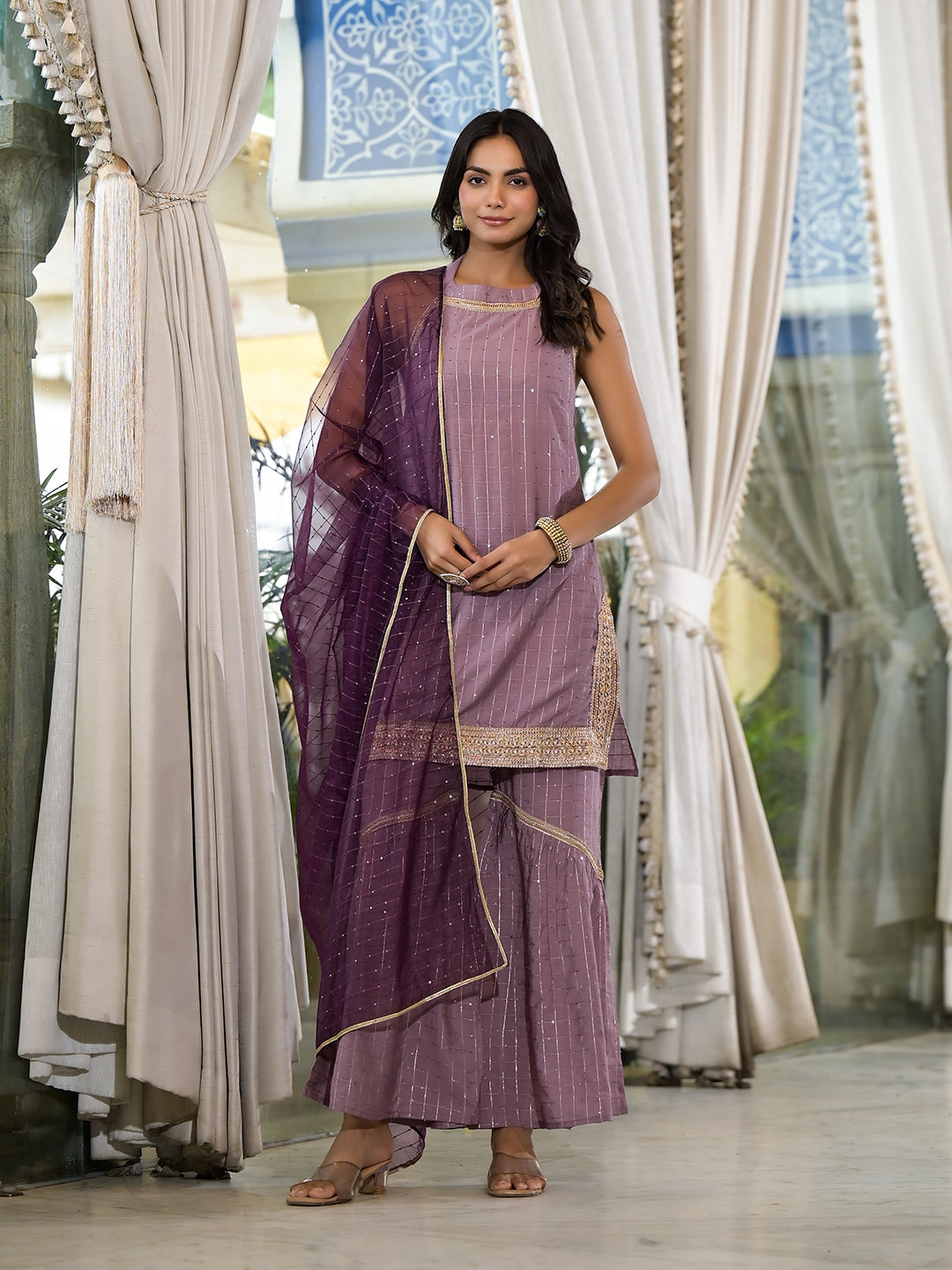 Purple Lurex Kurta Sharara With Organza Dupatta