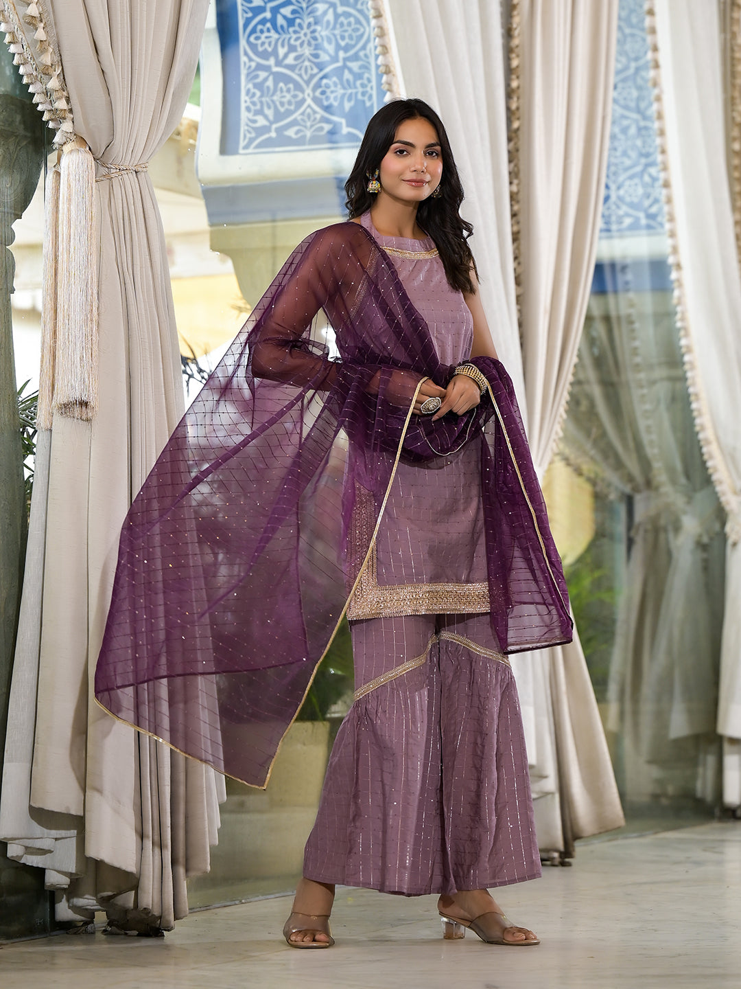 Purple Lurex Kurta Sharara With Organza Dupatta