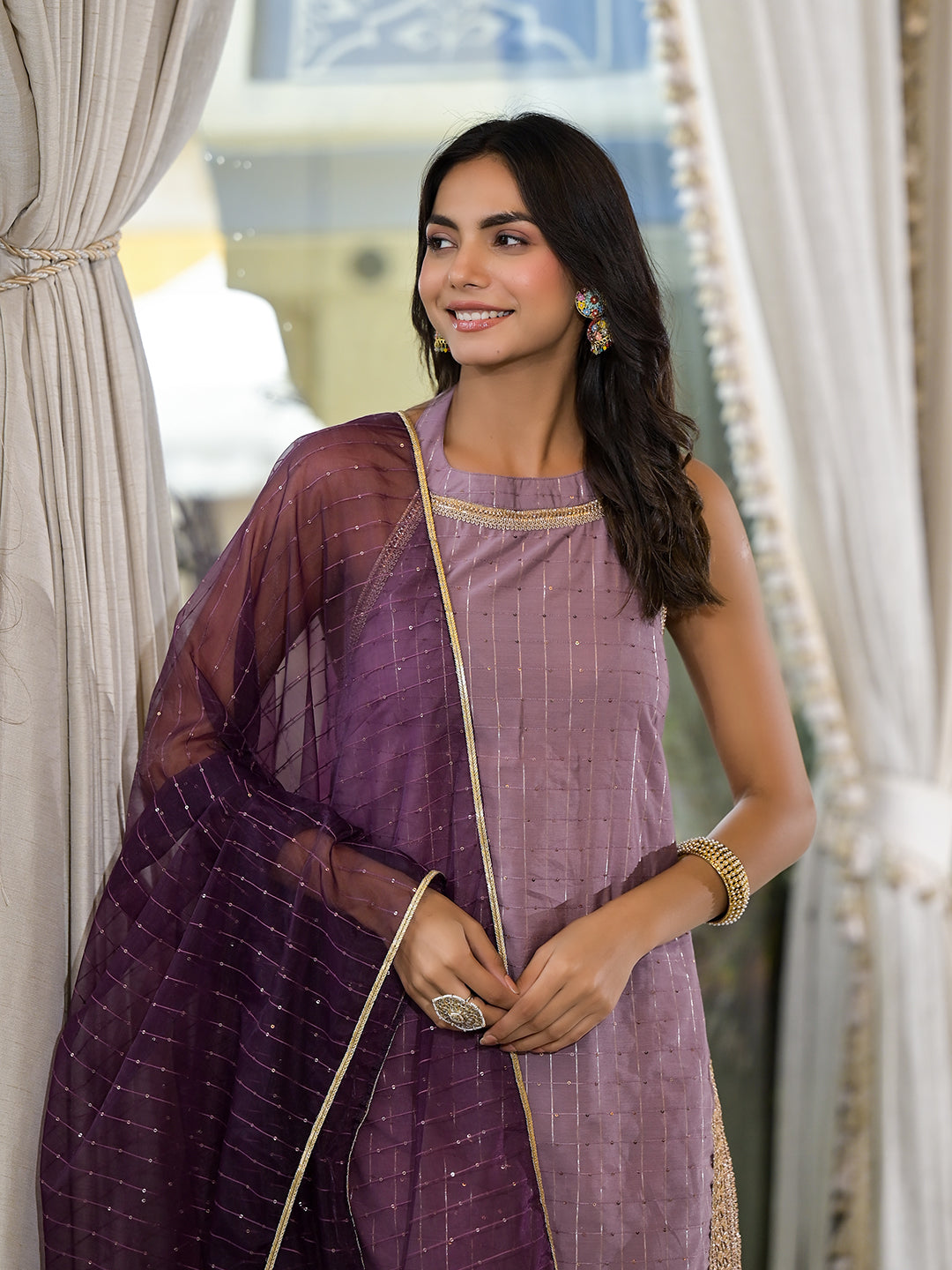 Purple Lurex Kurta Sharara With Organza Dupatta