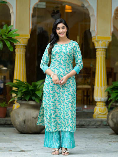 Off-White Turquoise Printed  Cotton kurta