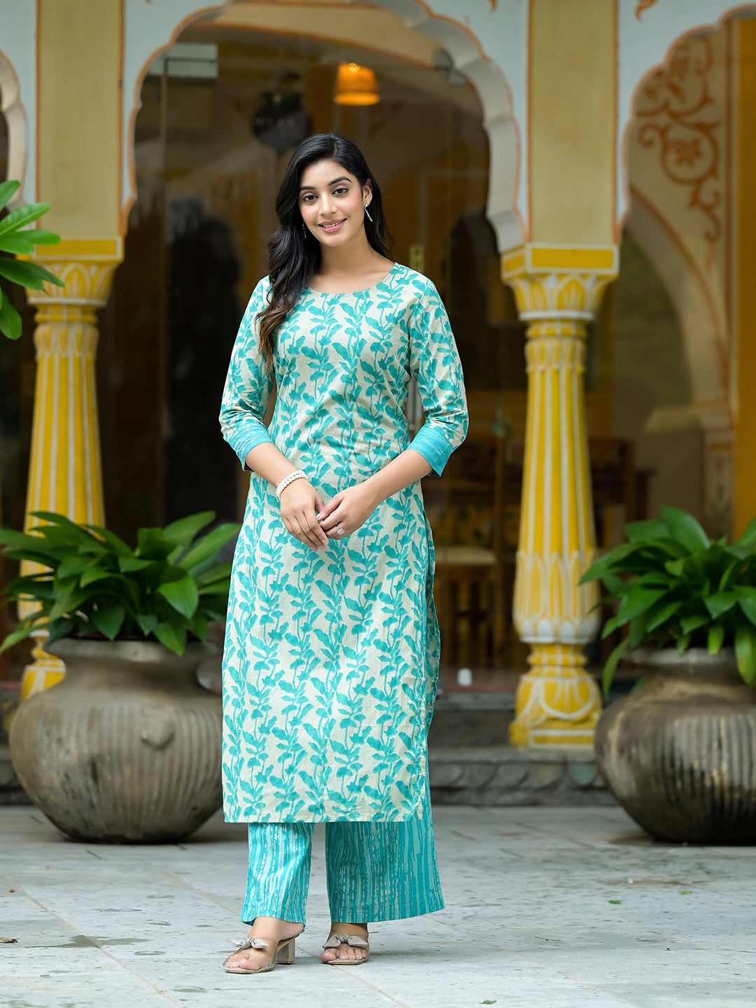 Off-White Turquoise Printed  Cotton kurta