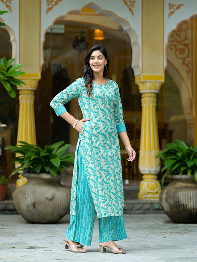 Off-White Turquoise Printed  Cotton kurta