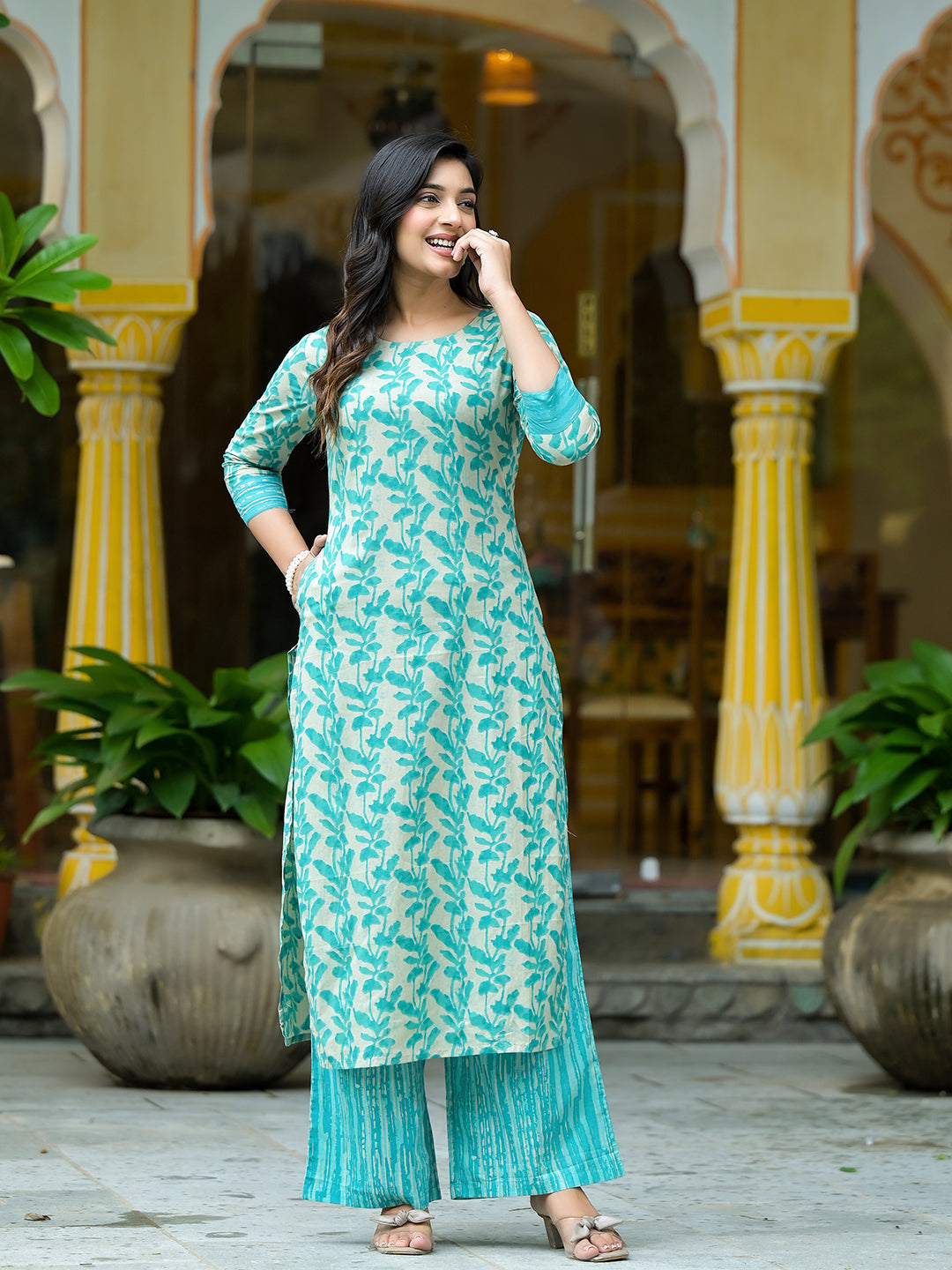 Off-White Turquoise Printed  Cotton kurta