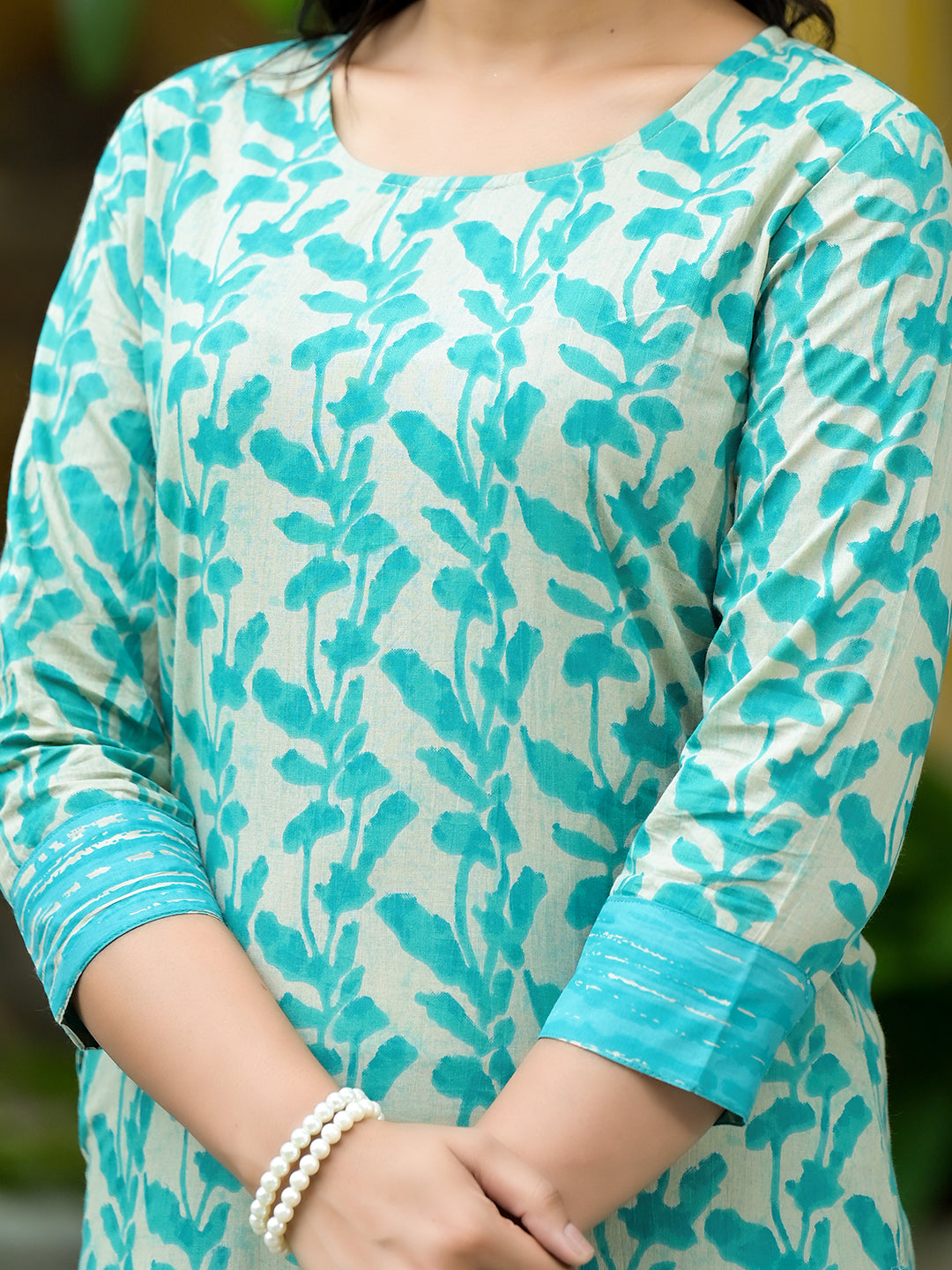 Off-White Turquoise Printed  Cotton kurta