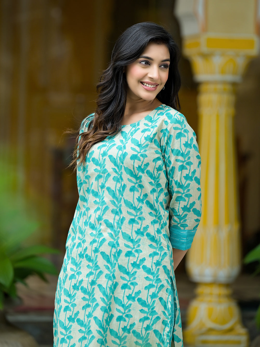 Off-White Turquoise Printed  Cotton kurta