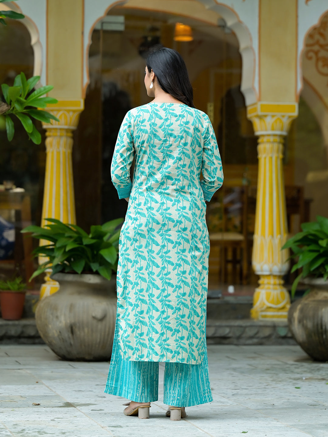 Off-White Turquoise Printed  Cotton kurta