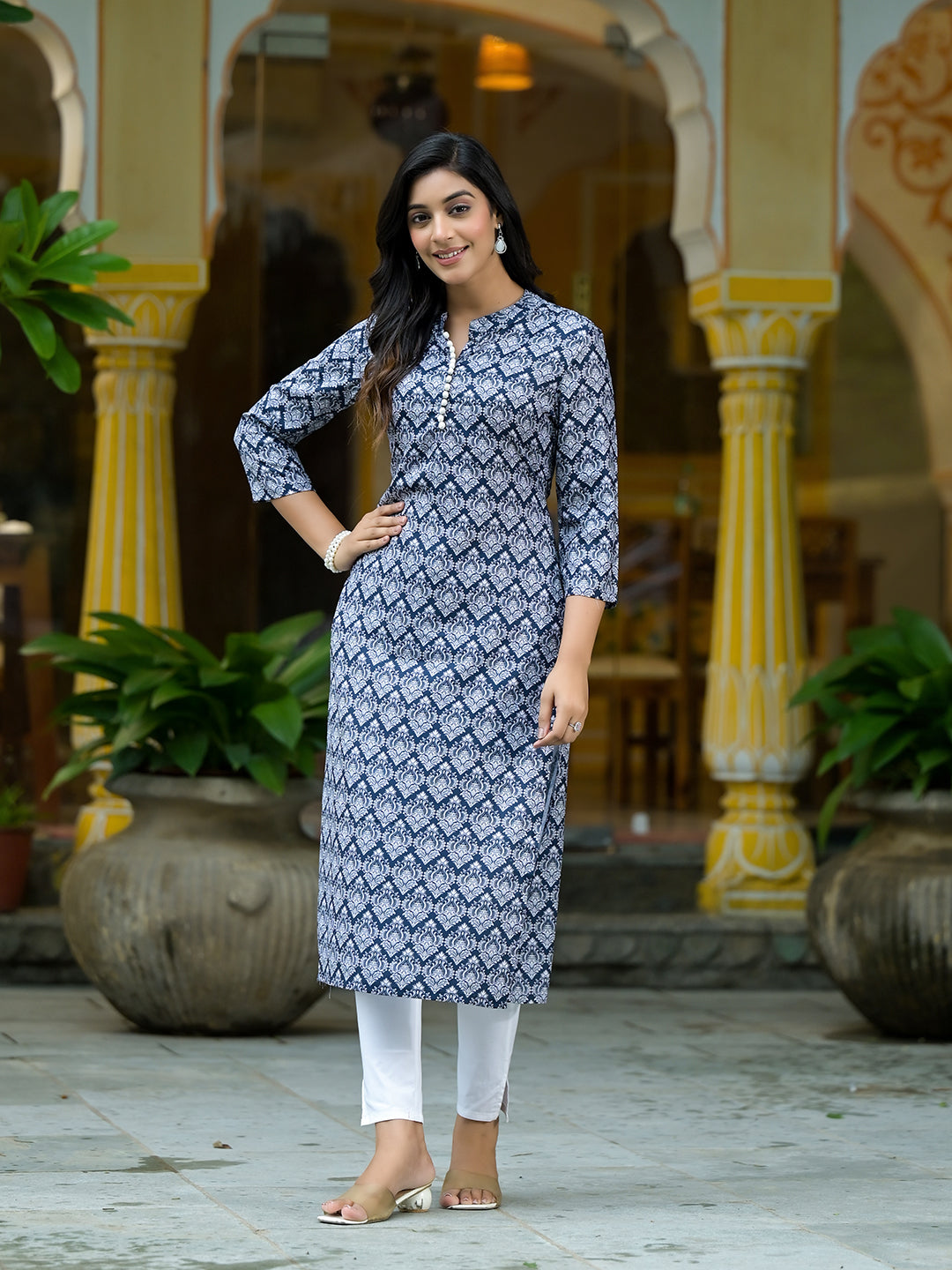 Navy Blue Mughal Motif Kurtain Muslin with Lace detail