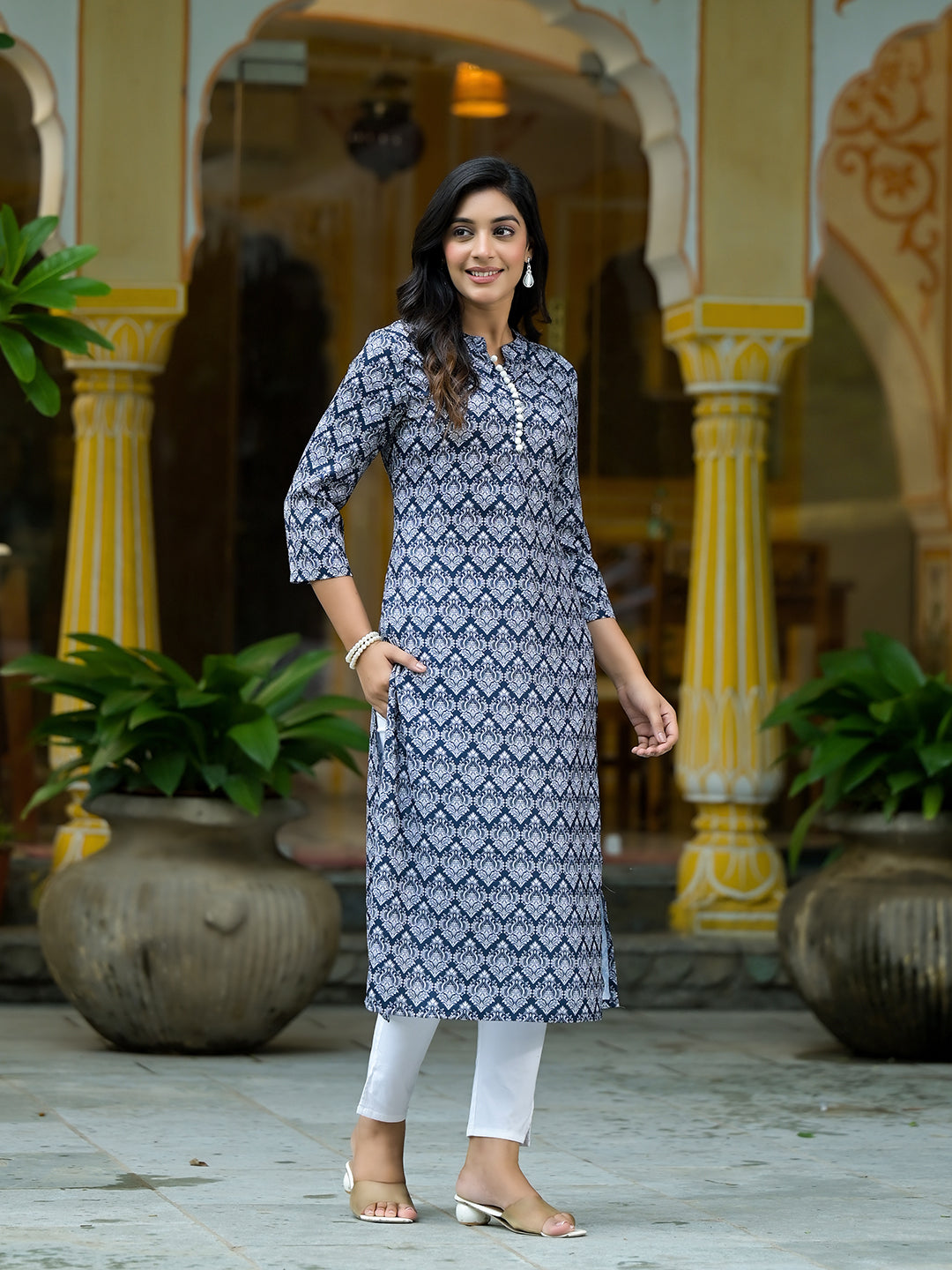 Navy Blue Mughal Motif Kurtain Muslin with Lace detail