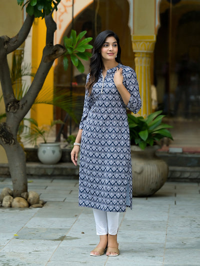 Navy Blue Mughal Motif Kurtain Muslin with Lace detail