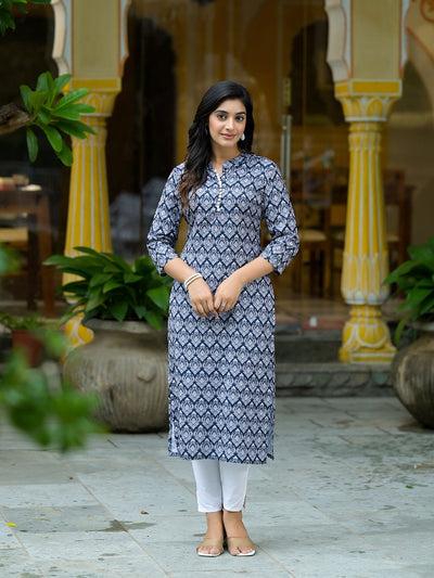 Navy Blue Mughal Motif Kurtain Muslin with Lace detail