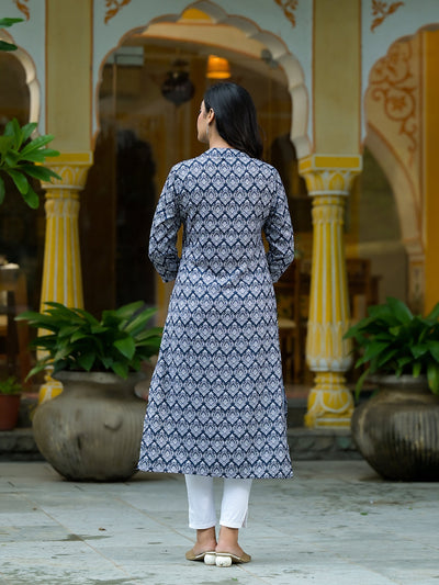 Navy Blue Mughal Motif Kurtain Muslin with Lace detail