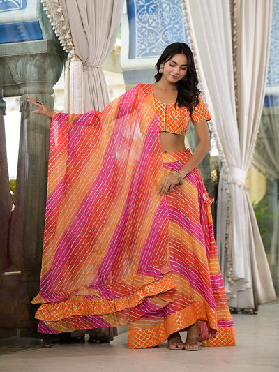 Orange and Pink Leheriya Kota Doria lehenga Choli