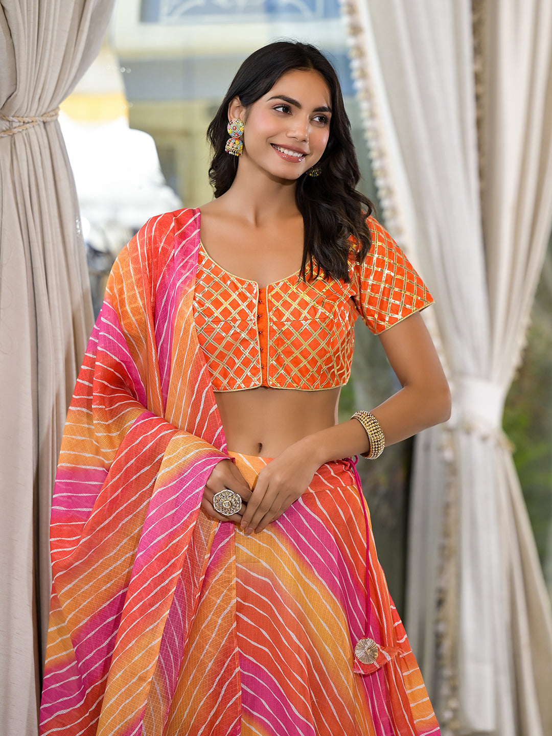 Orange and Pink Leheriya Kota Doria lehenga Choli