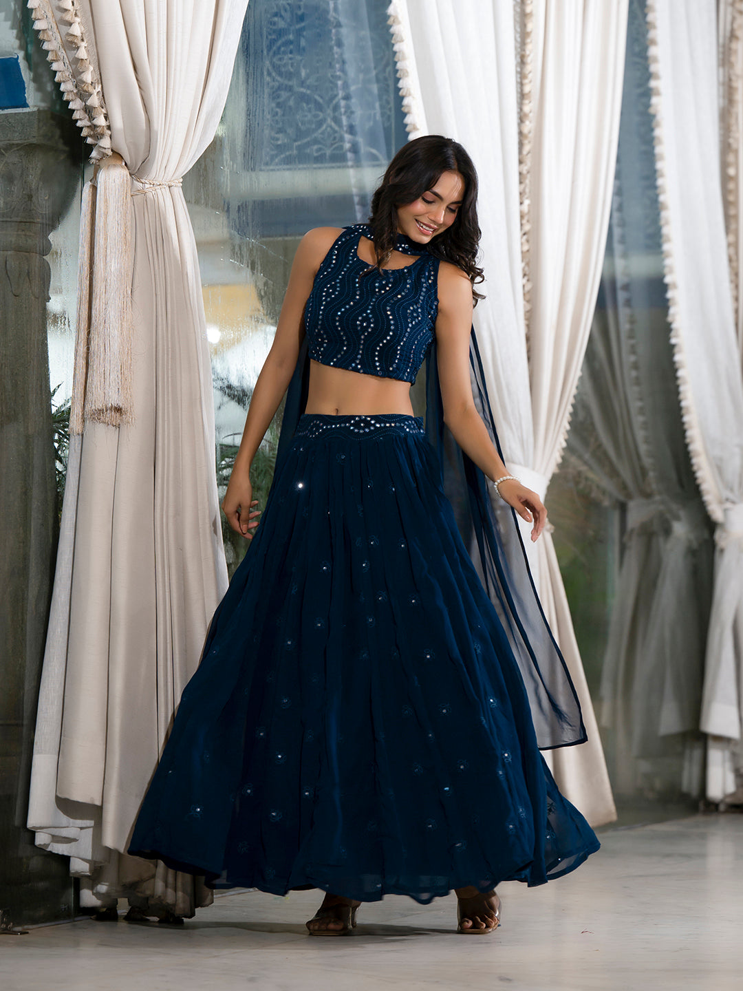 Blue Georgette Lehenga holi with Mirror Work