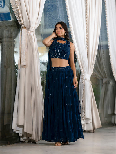 Blue Georgette Lehenga holi with Mirror Work